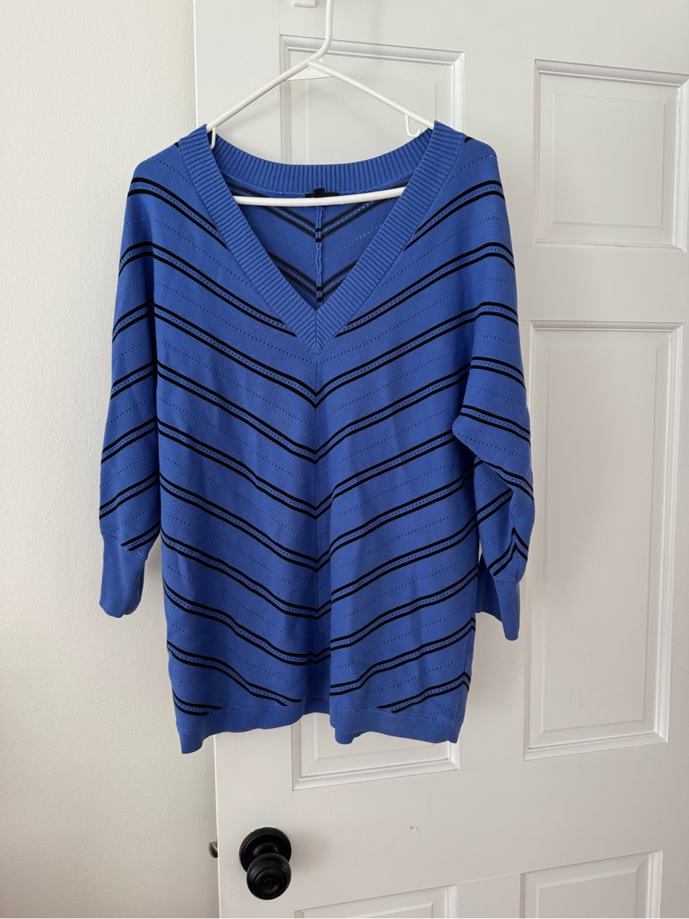 Talbots Blue V-Neck Sweater with Black Stripes